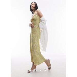 Topshop  Slip Dress Floral Jacquard Midi Green Pink Size 4 Summer Wedding NWT